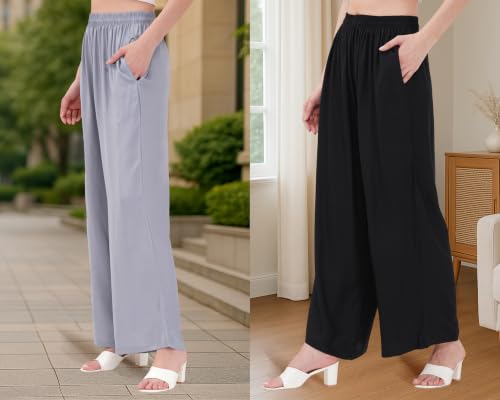 Image of Buy That Trendz Palazzo Pants for Women Rayon Elasticated Regular Fit Flared Wide Leg M to 6XL Pack of 2