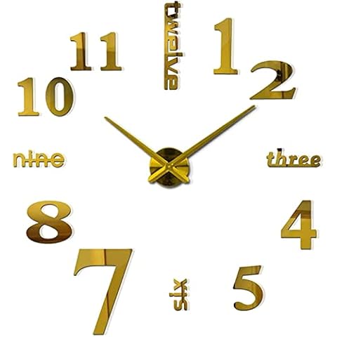 VIVILINEN Large DIY Wall Clock Modern Frameless Mute 3D Mirror Stickers Clocks for Kitchen Office Living Room Decor Gold Cover
