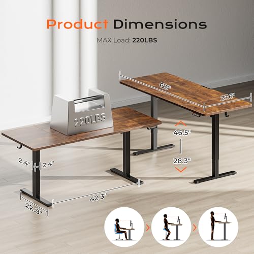 Huuger 63 x 28 Large Electric Standing Desk, Height Adjustable Computer Desk, 27.6" Deep Desktop, Stand up Gaming Office Table with 2 Hooks, 3 Preset Heights, for Home Office, Rustic Brown