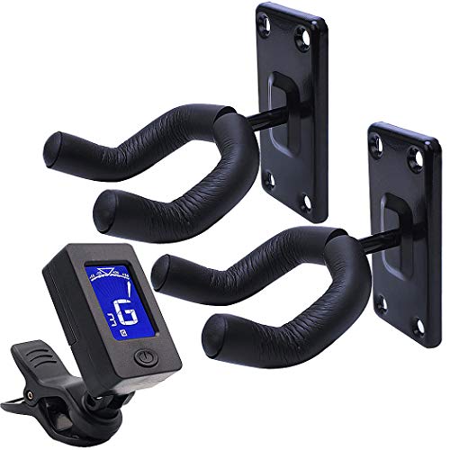 Guitar Wall Mount Hanger Guitar hangers for wall 2 Pack Black hook with Guitar Tuner Clip-On Tuner