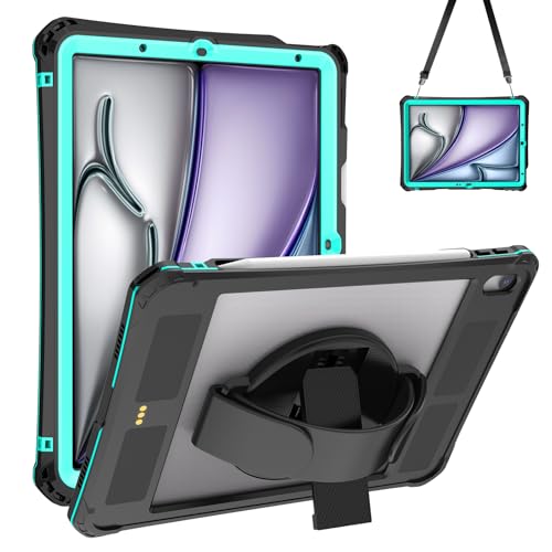 Image of iPad Air 11 Case 2024 with Screen Protector Pencil Holder Rotating Kickstand Hand/Shoulder Strap.Rugged Protective Tablet Shockproof Cover for iPad Air 4 5 6 (iPad Air 11 Case Teal)
