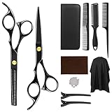 haarschneidescheren japan Scharfe Klinge: Die Frisör Schere schneidet sehr scharf, indem die Haarschneideschere Profi in dem festen Winkel gleichmäßig geschliffen wird. Scharfe Friseur Scheren Professionell haben schnell und präzise geschnitten. Verbesserte Effilierschere hat 32 Kammzähne, die Quote vom Haarschere Ausdünnen auf 25-35% erhöht. Die gleichmäßige Kammzähne auf der Effilierschere zerren die Haare nicht. Einfach zu bedienende Haarschneidescheren bieten Ihnen hervorragende Ergebnisse zum Schere Haare Schneiden.