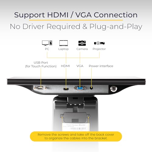 Image of Volcora 15.6 inch Black LED Touch Screen Monitor with Metal Stand - Backlit 1366 * 768 with VGA HDMI Connection for Small Business, Restaurant, Office - No Driver Required (Not Compatible with macOS /iOS)