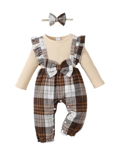 Image of Newborn Infant Baby Girl Clothes Fall Winter Plaid Long Sleeve Jumpsuit One Piece Romper Bodysuit Baby Overalls Outfits