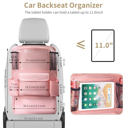 Image of LUCMO Car Backseat Organizer with Touch Screen Tablet Holder, Pink | 9 Storage Pockets,Clear Tablet Holder,Protectors Kick Mats,Travel Accessories,Seat Cover,Road Trip Essentials