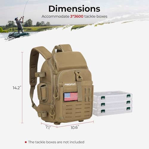 Image of Piscifun Fishing Tackle Backpack with Rod & Gear Holder, Lightweight Outdoor Water-Resistant Fishing Shoulder Storage Bag with Protective Rain Cover, Khaki