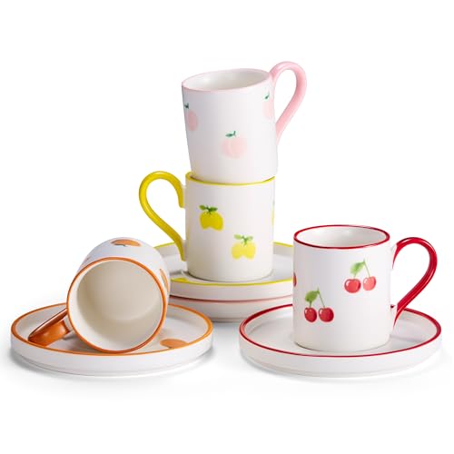 KooK Espresso Cups and Saucers, Hand Painted, Porcelain Demitasse Set with Colorful Fruit Patterns, Dishwasher & Microwave Safe, Holiday Gift, 3 oz, Set of 4 by KooK - Used condition - US$18.24