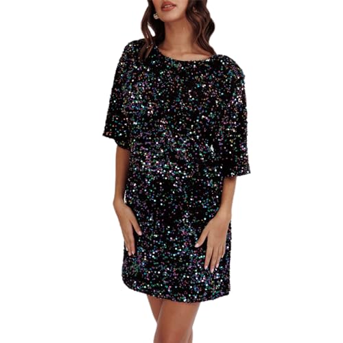 WERNZATT-Damen Paillettenkleid Lose Glitzer Rundhalsausschnitt Kurzarm geteilt Rücken Party Club Mini T Shirt Kleider (Schwarz, XL)