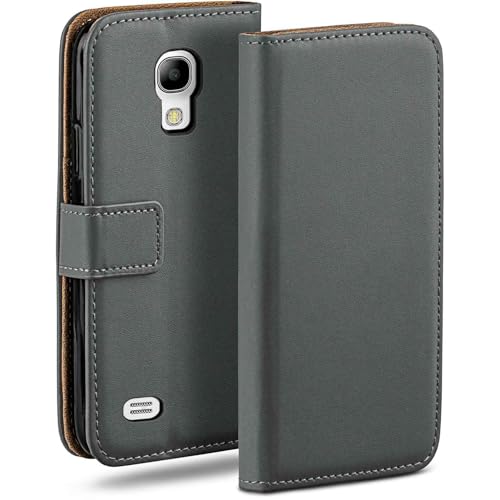 moex Funda con Tapa para Samsung Galaxy S4 Mini, con Ranura para Tarjetas, Funda Estilo Libro con protección de 360 Grados, Cuero Vegano, Antracita Gris