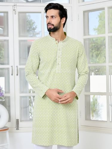 Image of See Designs Men's Full Sleeve Mandarin Collar Embroidered Thread Work Sequinned Rayon Straight Long Kurta - Festive Collection