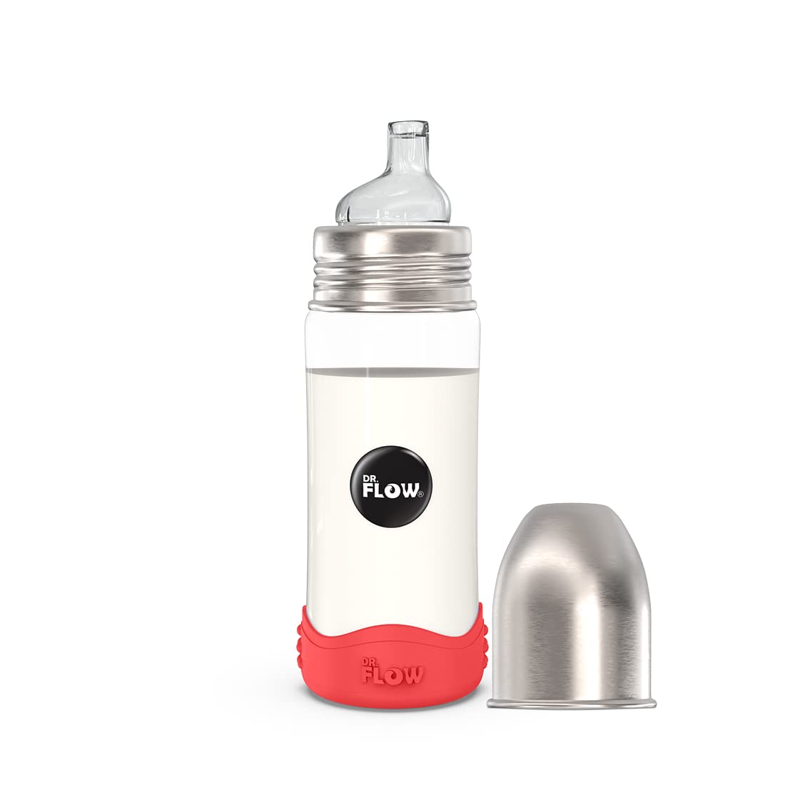 Dr.Flow 3 in1 Glaze 100% Plastic Free Baby Glass Sipper Bottle with Silicone Nipple, Silicone Teether, Silicone Bumper (Red, 250ml)