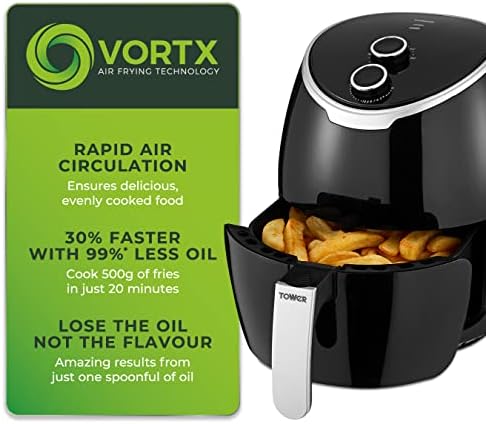 Tower T17061BLK Vortx Manual Air Fryer with Rapid Air Circulation, 30-Minute Timer, 4L, 1400W, Black