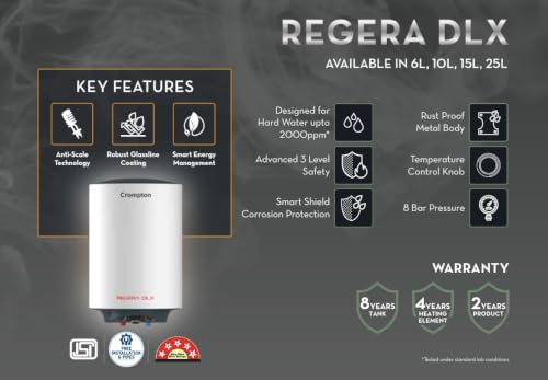 Image of Crompton Regera 15L Storage Water Heater ASWH-3815, White, 2000W, Glassline Tank, 8 Bar Pressure, Anti-Rust Body, 3-Level Safety System) Free Installation and Pipe