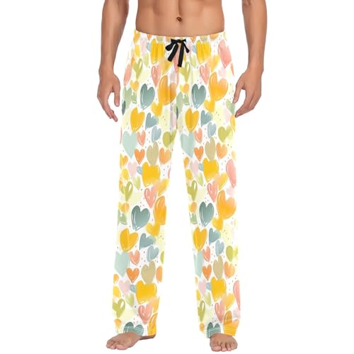Men's Colourful Heart Pajama Pants with Pockets - Straight Fit Cotton Sleep Bottoms for Lounge & Nightwear#1422