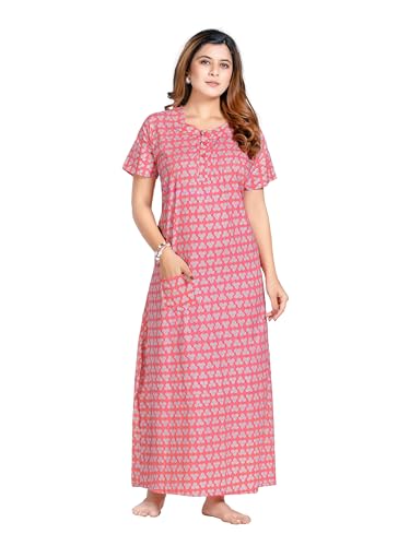 Image of PNAEONG Women's Printed Cotton Nighty, Gown Maxi - Free Size Peach