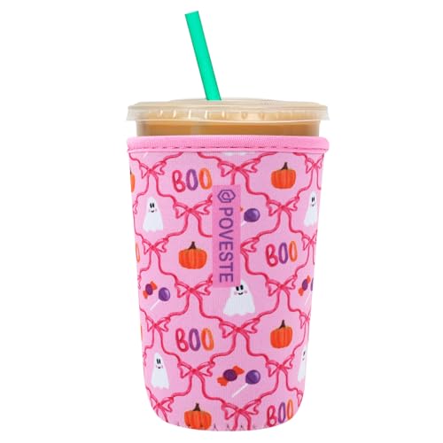 Reusable Neoprene Insulator Sleeve for Iced Coffee & Cold Soda, Coffee Sleeves for Iced & Hot Drinks, Cold Beverage Cooler Compatible with Starbucks, Dunkin (Bow Halloween, Medium: 22-24oz)