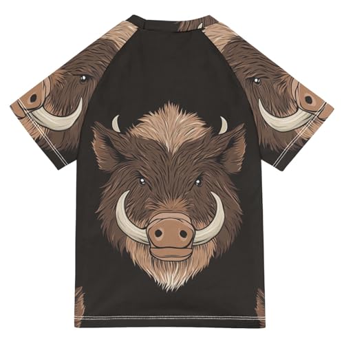 Boys Short Sleeve T-Shirts Wild Pig Black Rashguard Kids Swim Shirts Sun UPF 50+2