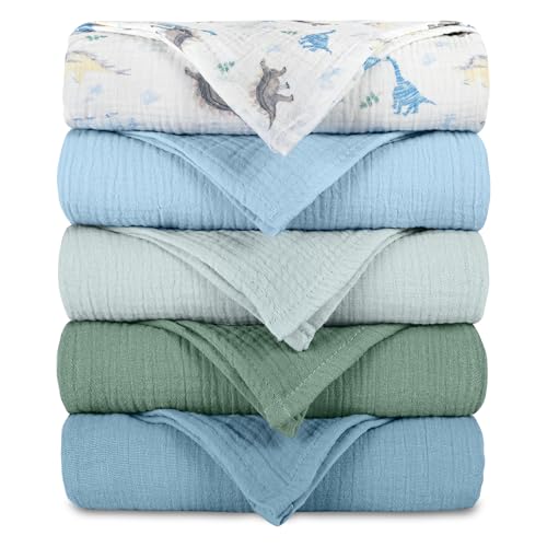Image of Muslin Receiving Blankets, Neutral Blanket Swaddling for Newborn Boys and Girls, 5 Pack Breathable and Skin-Friendly Swaddle Wrap for Infant Baby (Blue Dinosaur)