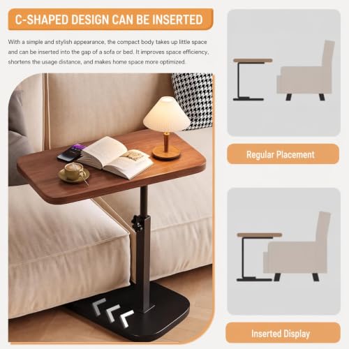 Image of Owme C Shaped Side Table for Sofa Bed, Adjustable Height Laptop Table with 360 Rotating Desktop, Wooden Finish Compact End Table for Living Room, Portable Snack Coffee Table with Metal Base