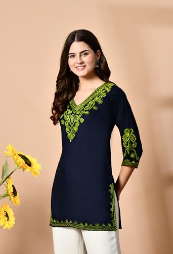 Image of LIBOZA Embroidered Kashmiri Tunic Top, Short Kurti for Women on Jeans, V-Neck, 3 /4 Sleeve, Floral Design,