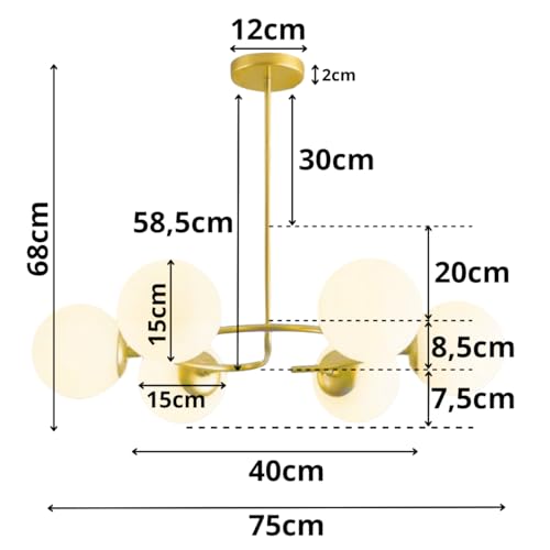 Gimpo, Lustre 75x68cm Fibonacci Jabuticaba 6 Globos Vidro Metal Dourada Luminária Teto Gimpo KJDD-E-