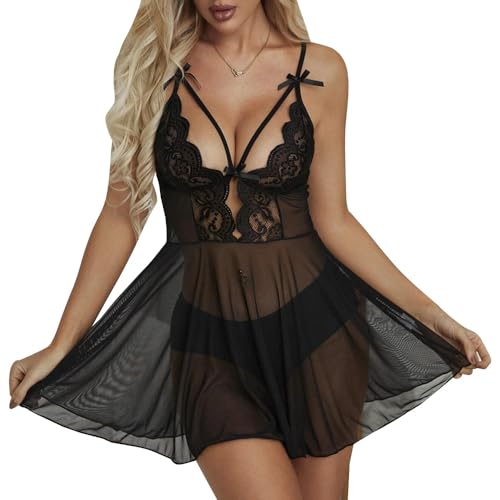 Femmes Lingerie Sexy et Culotte Set en Tulle Chemise de Nuit Dentelle Col en V Licou sans Manches Bandoulière Fine Chemise de Nuit Fine avec Culotte Robe Nuisette