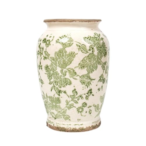 ROLLSCERAY Vintage Vase for Flowers, Green Floral Chinoiserie Vase, Rustic Ceramic Vases, Large Ceramic Vases for Living Room, Office, Shelf, Tuscan Decor, Chinoiserie Decor, 7.8 Inch