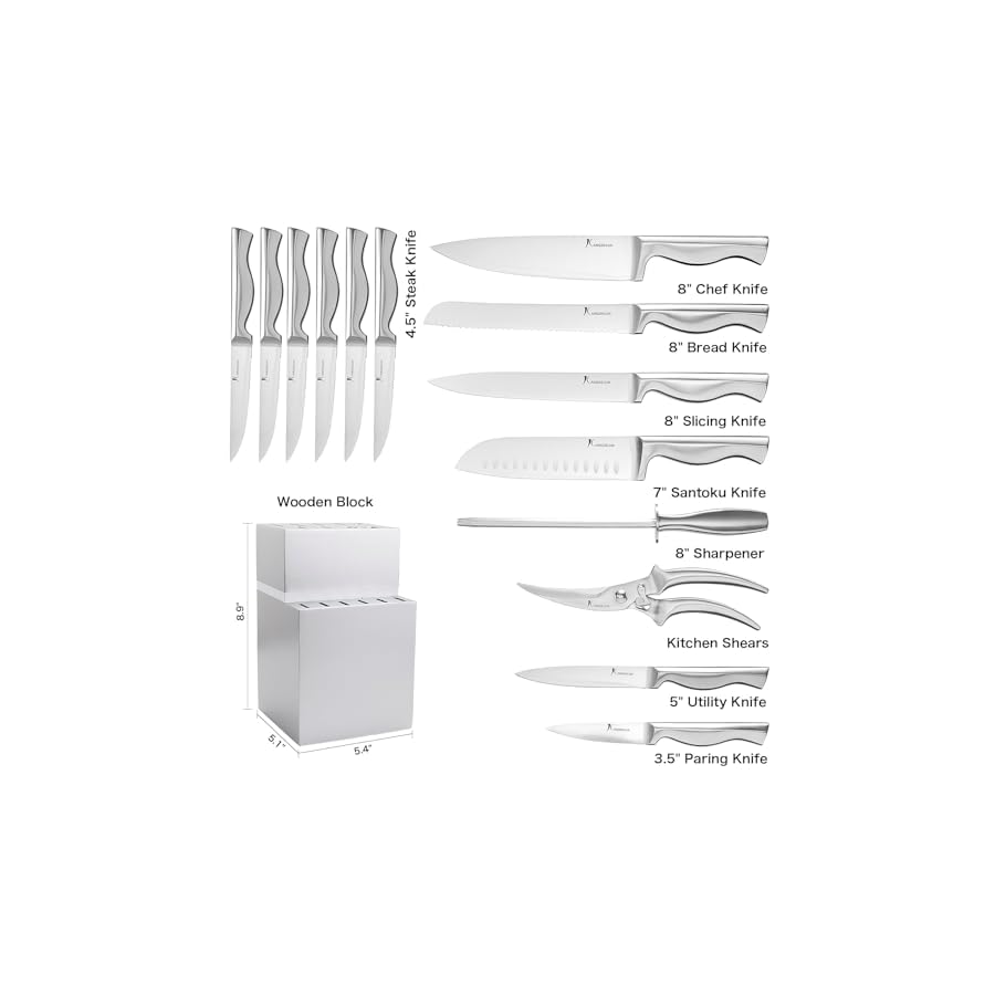 15 PCS Kitchen Knife Set with Wooden Block, Ultra Sharp High Carbon Stainless Steel, Ergonomic Integrated Non-Slip Handle