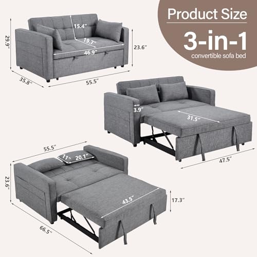 Image of HAOMARKETS 3 in 1 Convertible Sleeper Sofa Bed, Loveseat Chaise Lounge with Pullout Bed, 2-Seater Futon Couches with Storage Pockets, 3-Level Adjustable Backrest and Pillows for Living Room, Dark Grey