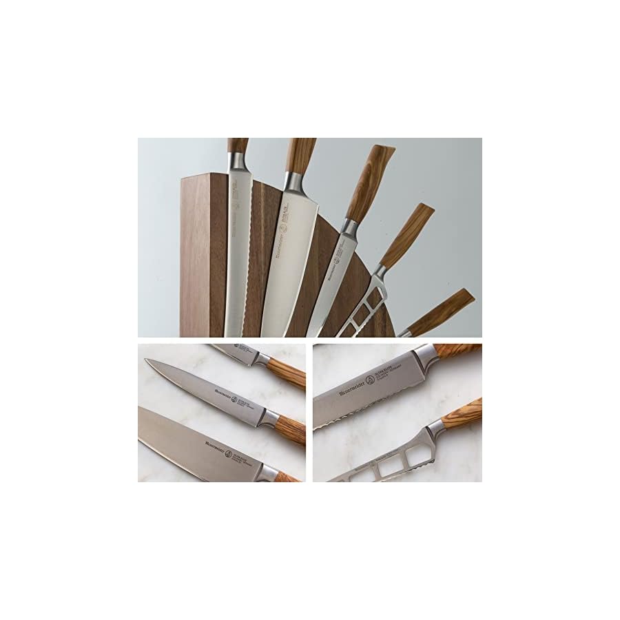 Messermeister Oliva Elite 6-Piece Magnet Block Set - Includes Chef’s, Bread, Cheese & Tomato, Utility & Paring Knife + Magnet Block