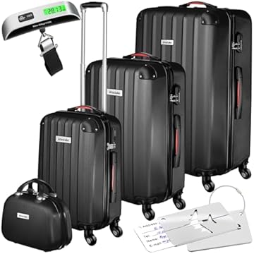 TecTake® Set di valigie rigide Cleo, 4 pezzi, Trolley M, L e XL, Beauty Case Impilabile, Rotelle Girevoli a 360°, Maniglia Telescopica Regolabile, Bilancia, Combinazione a 3 Cifre - Nero