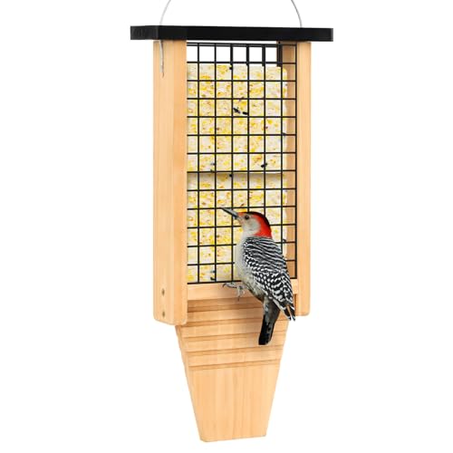 Gbekery Wooden Suet Bird Feeder for Outside Hanging, Large Woodpecker Suet Feeder with Tail Prop, Double Suet Cakes Hanging Bird Feeder for Wild Birds, 1 Pack, Black