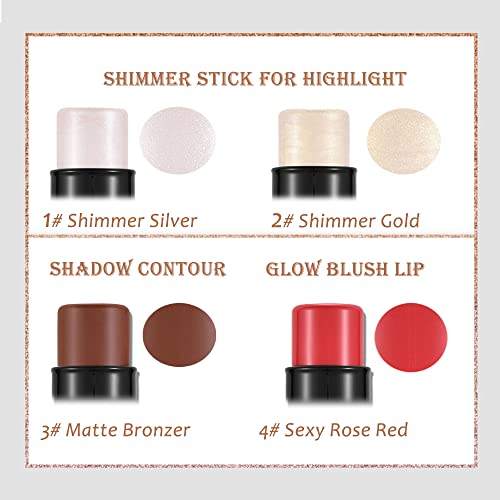 Ccbeauty Contour Highlighter Bronzer Blush Stick, Cream Shimmer Highlight Bronze Blushes Multi Sticks, Face Eye Brighten Contouring Shaping Stick, Professional Facial Makeup Mothers Day Gift Sets For Her Girls Women,4Pcs #TOP1