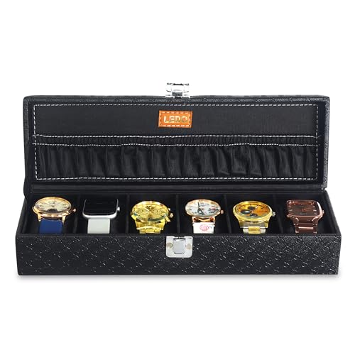 Image of LEDO Luxury Watch Storage Box, 6-Slot Watch Display Case Organizer with Metal Clasp, Black PU Leather, Black Interior