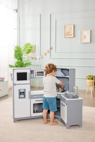 Image of Amazon Basics Kids Corner Wooden Kitchen Toy Playset with Stove, Oven, Sink, Fridge and Accessories for Toddlers and Preschoolers, Ages 3+ Years, White & Gray, 39.37 inch L x 28.35 inch W x 35.04 inch H