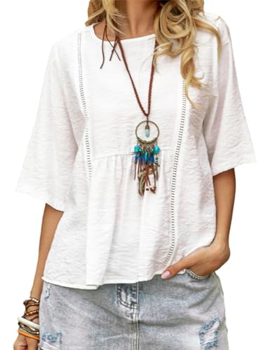 Womens Summer Cotton Linen Half Sleeve Shirt Crewneck Loose Fit Solid Oversized Basic Tee Blouse Tops