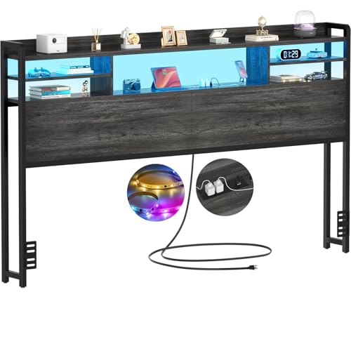 Image of Aheaplus Headboard for King Size Bed with Storage and Outlets, Black Oak