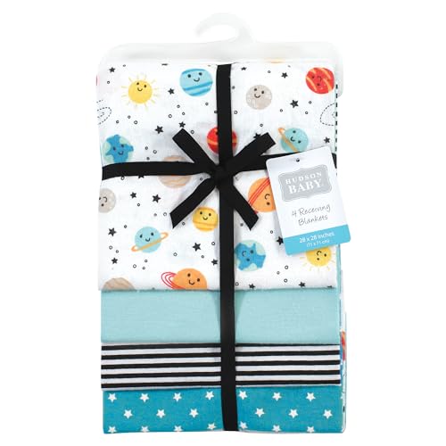 Image of Hudson Baby Unisex Baby Cotton Poly Flannel Receiving Blankets, Happy Planets, One Size
