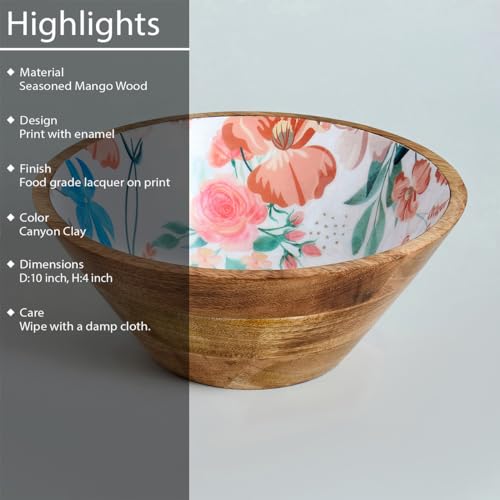 Image of SAAGA Printed Mango Wood Serving Bowl - 10 x 4 Inch Handcrafted Round Wooden Bowl | Food-Grade Finish for Noodles, Soups, Curries & Snacks - Canyon Clay