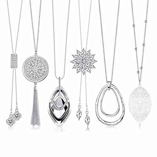 Diamday 6Pcs Lange Anhänger Halsketten für Damen Mädchen Lange Pullover Halsketten Silber Blume Quaste Scheibe Kreis Blatt Anweisung Pullover Kette Halskette für Frauen Y...