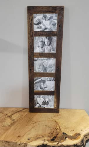 Image of Rustic Wooden Collage Picture Frame, Wood Multi Photo Holder for Wall, Horizontal and Vertical Display, Reclaimed Barnwood, 5 Openings each 5x7