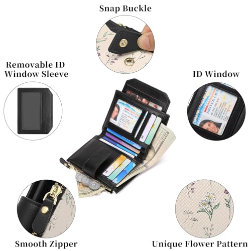 Image of GAEKEAO Small Wallets Woman RFID Blocking Vegan Leather Bifold Floral Ladies Compact Card Holder with Zipper Pocket ID Window