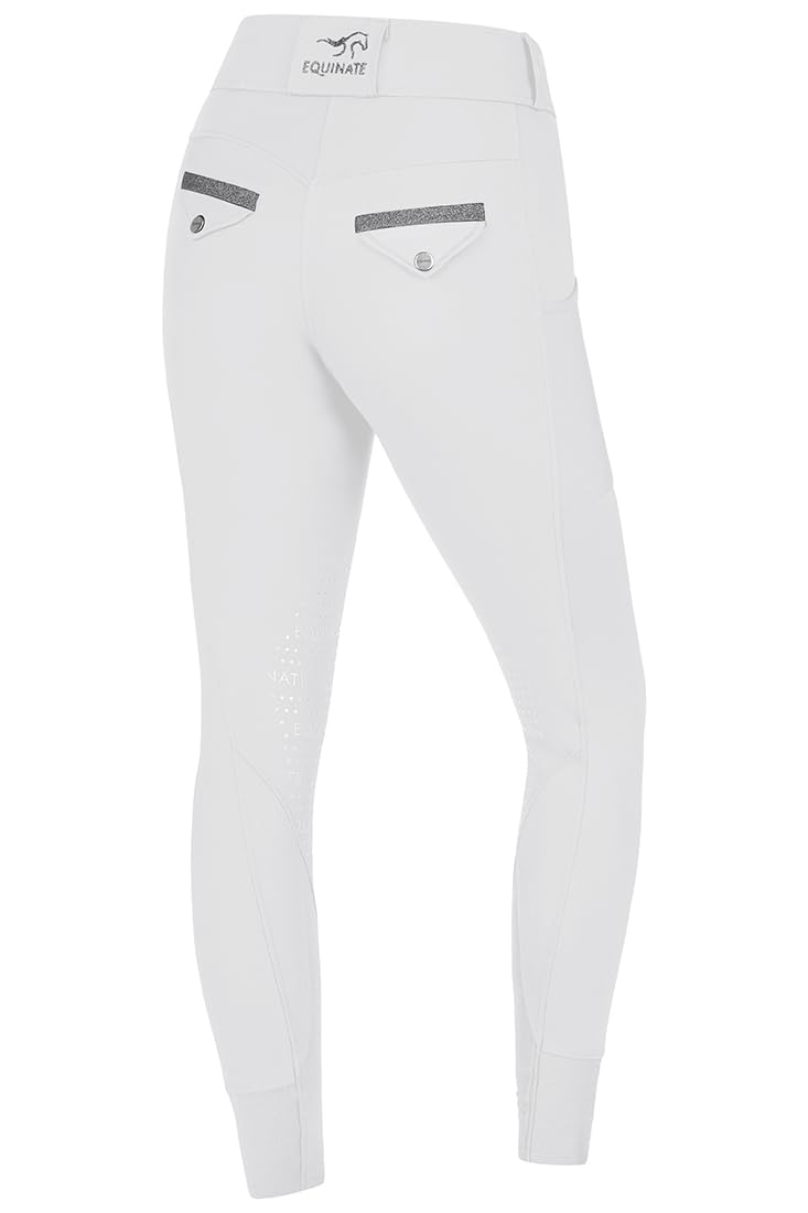 Equinate Romy - Pantalones de equitación para mujer con ribete en las rodillas, bolsillos para teléfono móvil y aplicaciones con purpurina, transpirables, elásticos, antideslizantes