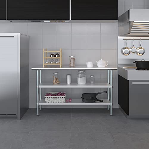 Image of AmGood Stainless Steel Work Table with 2 Shelves | NSF | Metal Utility Table (60 inch Long x 18 inch Deep)