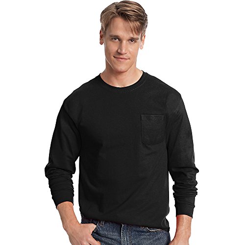 Hanes Men's TAGLESS Long-Sleeve T-Shirt with Pocket_Black_M