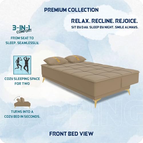 Image of Adorn India Premium New Alyssum 3 Seater Sofa Cum Bed 4X6 Velvet Suede with 2 Cushions (Color Beige) and Suitable for All Indoor, with 3 Years Warranty