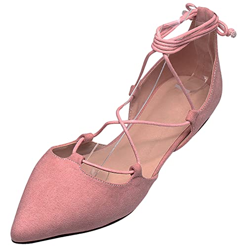 Jamron Women Soft Faux Suede Flat Pointed Toe Pumps Fancy Cross Lace Up Ballerinas Shoes Pink SN02323 UK6