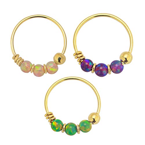 3 pi?Ces Coffret de 9K Solide Jaune Or 22 Gauge Triple Opale Pierres Hoop Nez Anneau Piercing