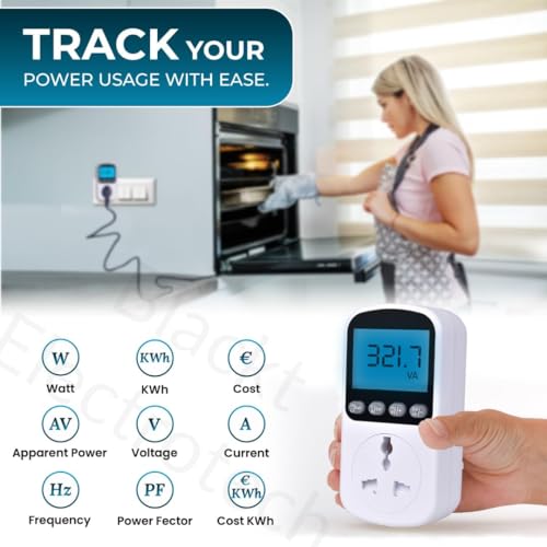 Image of Blackt Electrotech (BT72PM) Digital Electricity Usage Monitor Plug - Power Meter with LCD Display for Watts, Voltage, Amps, and Energy Cost Calculation (16A, 3680W, 230V) (2)