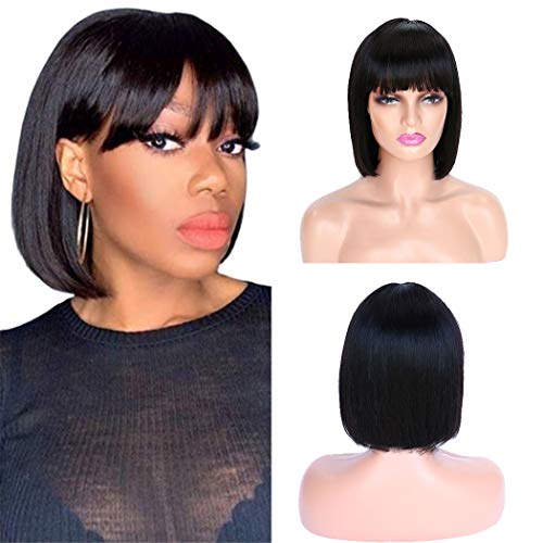 Short Bob Human Hair Wigs with Bangs for Black Women Straight Black Bob Wigs with Bangs Glueless None Lace Front Wigs Natural Color 8 Inch